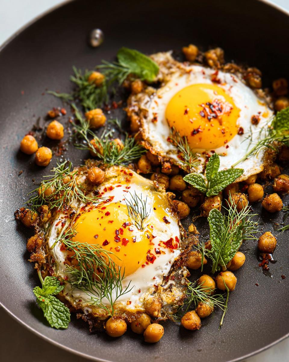 Two perfectly fried eggs nestled in a bed of seasoned chickpeas, garnished with fresh herbs and chili flakes.