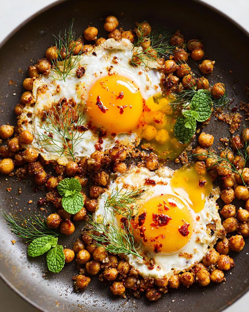 Two perfectly fried eggs nestled in a bed of seasoned chickpeas, garnished with fresh herbs for a vibrant Chickpea Fried Eggs Recipe.