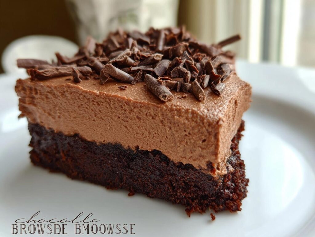 A rich slice of Chocolate Mousse Brownie topped with chocolate shavings, on a white plate.