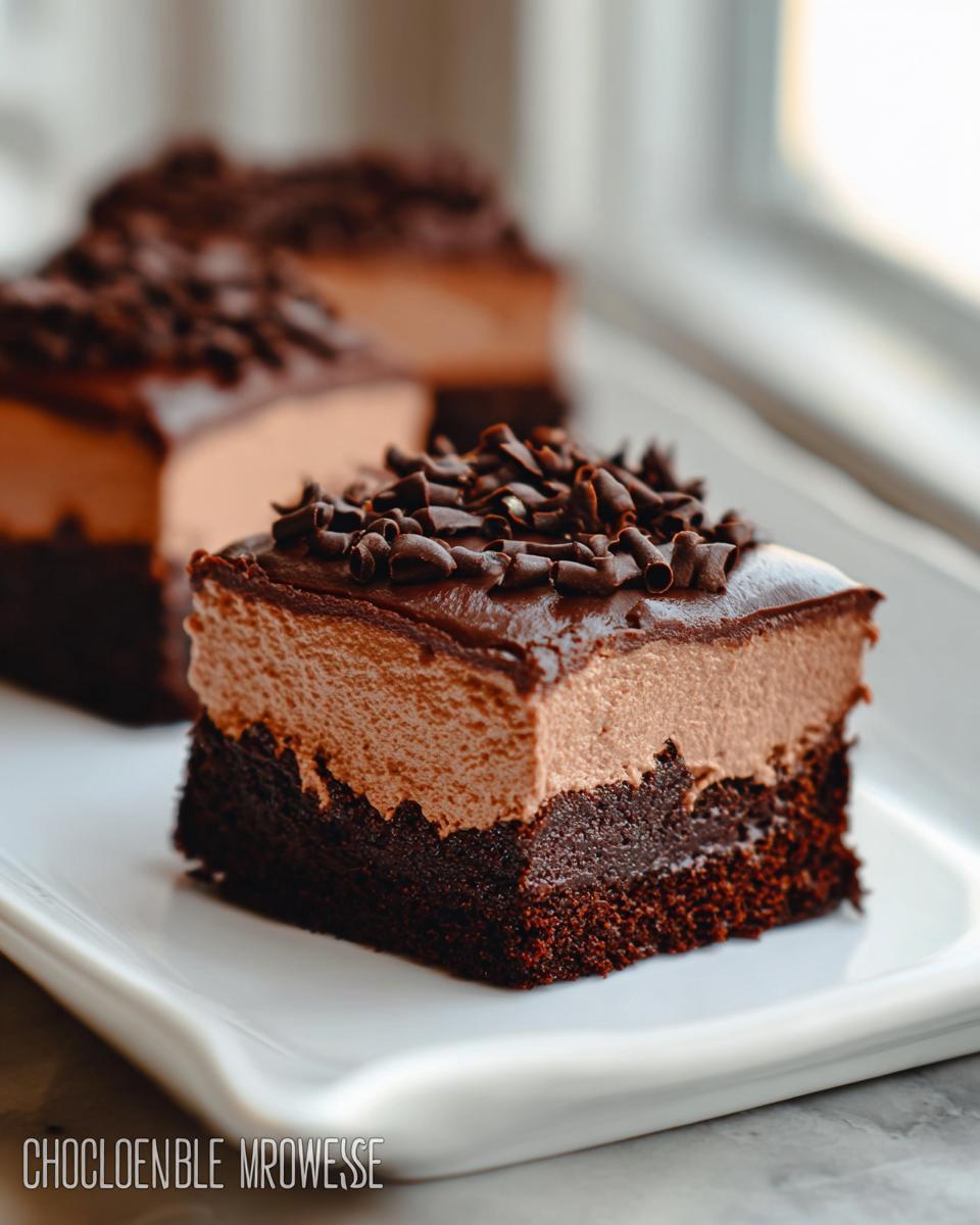 A rich slice of Chocolate Mousse Brownies with a thick layer of chocolate mousse on a dense brownie base, topped with chocolate shavings.