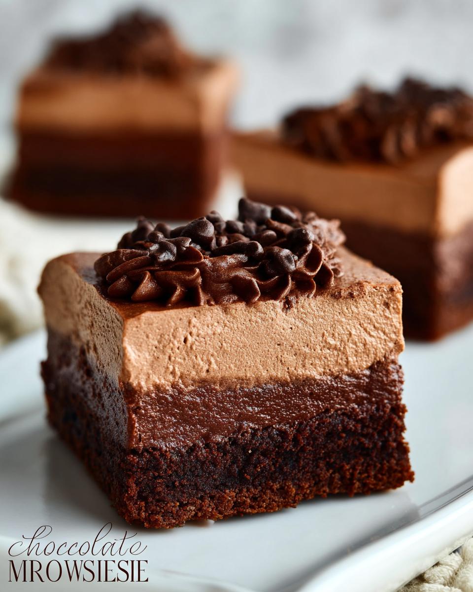 A rich slice of Chocolate Mousse Brownies with layers of brownie and chocolate mousse, topped with chocolate frosting and chips.