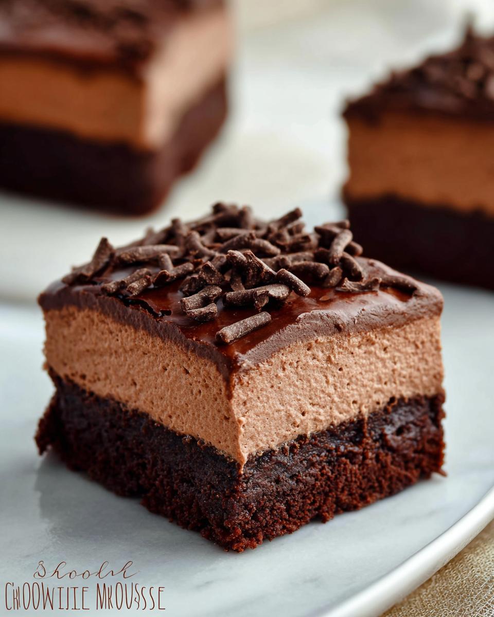 A decadent slice of Chocolate Mousse Brownies, featuring a dense brownie base topped with smooth chocolate mousse and chocolate shavings.