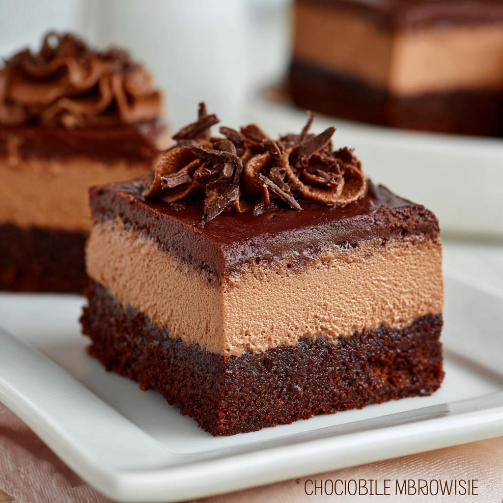 A decadent slice of Chocolate Mousse Brownies, featuring a rich brownie base topped with creamy chocolate mousse and chocolate shavings.