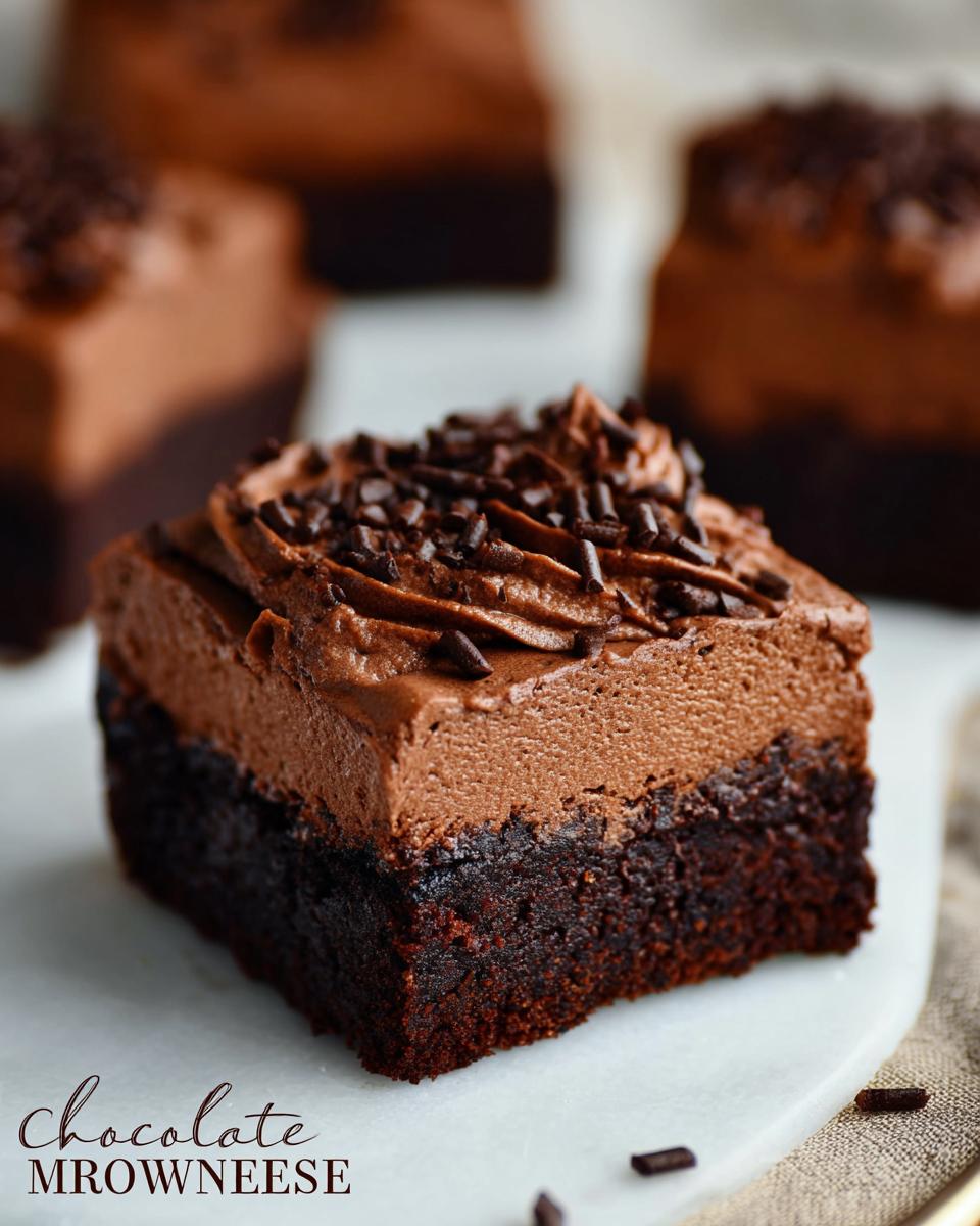 A close-up of a rich Chocolate Mousse Brownie topped with chocolate frosting and sprinkles.