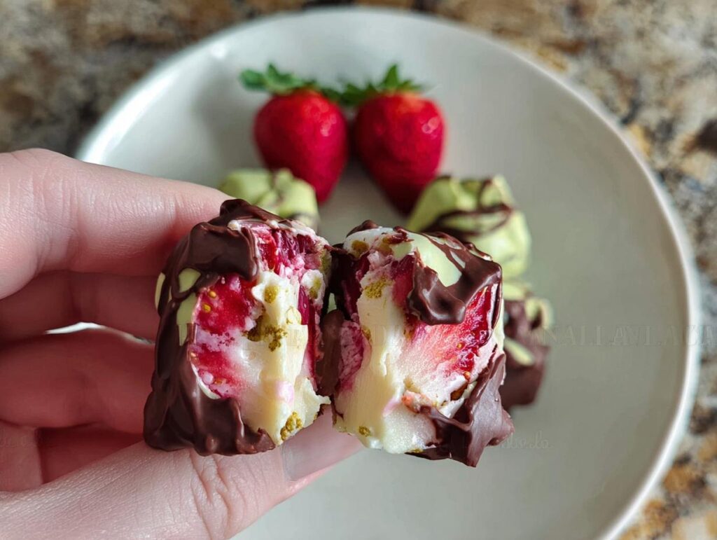 Close-up of a chocolate-covered strawberry yogurt cluster cut in half, revealing fresh strawberries and creamy yogurt.