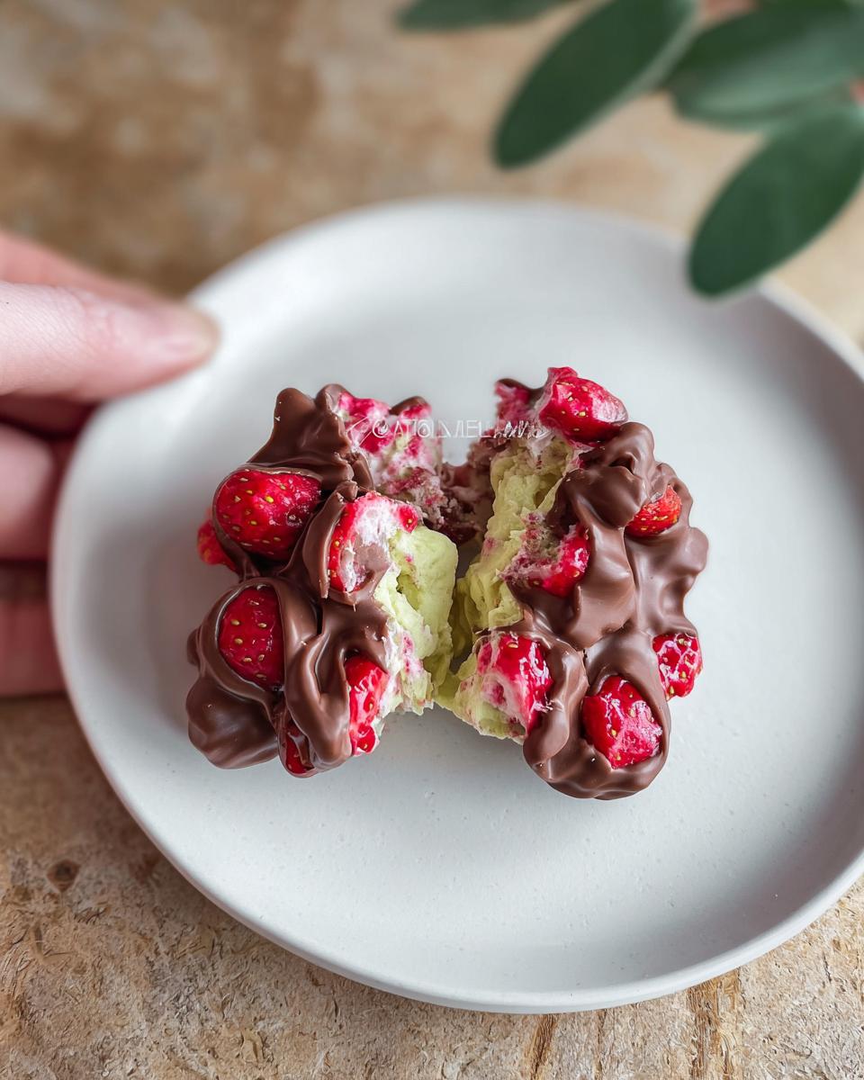 Close-up of a broken Chocolate Strawberry Yogurt Clusters recipe treat, showing creamy green yogurt and red strawberries coated in chocolate.