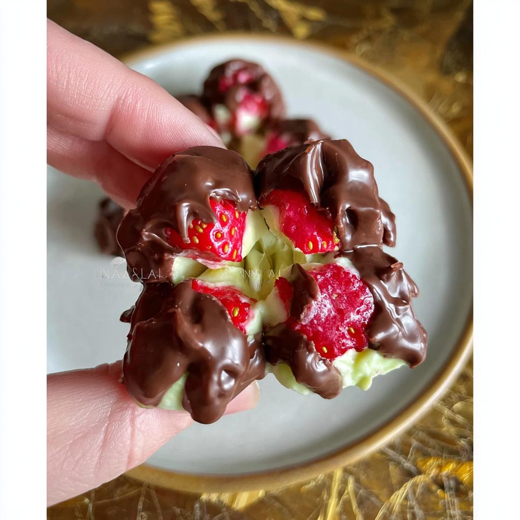 A hand holding a broken Chocolate Strawberry Yogurt Clusters treat, revealing fresh strawberries and creamy yogurt inside.