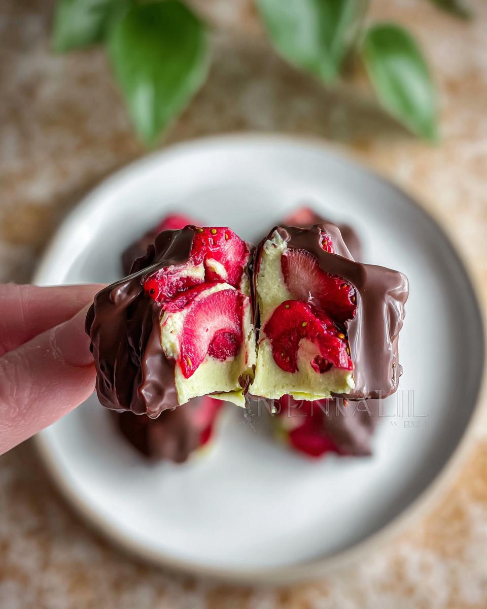 Close-up of a Chocolate Strawberry Yogurt Cluster cut in half, showing freeze-dried strawberries and creamy yogurt filling.