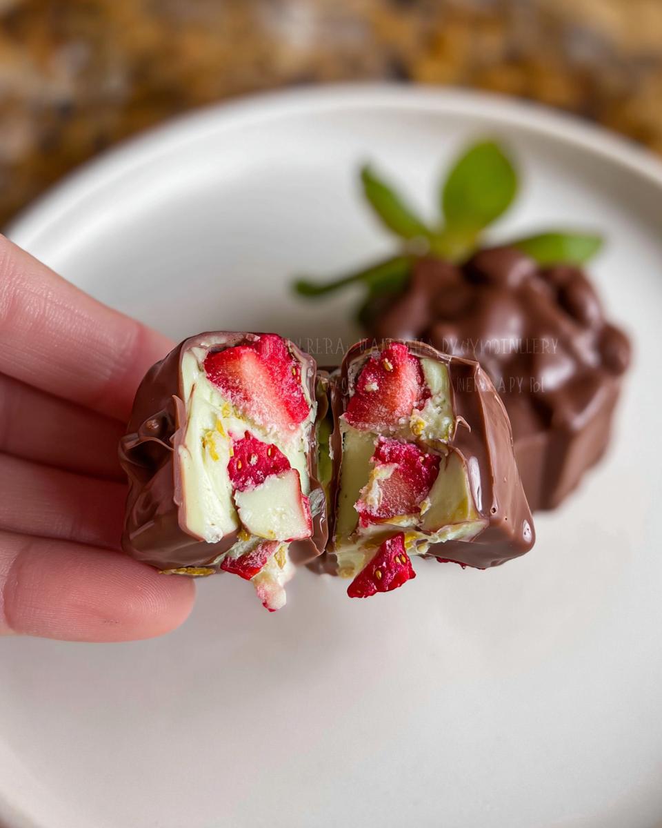 A hand holding a halved chocolate-covered cluster revealing freeze-dried strawberries and creamy yogurt.