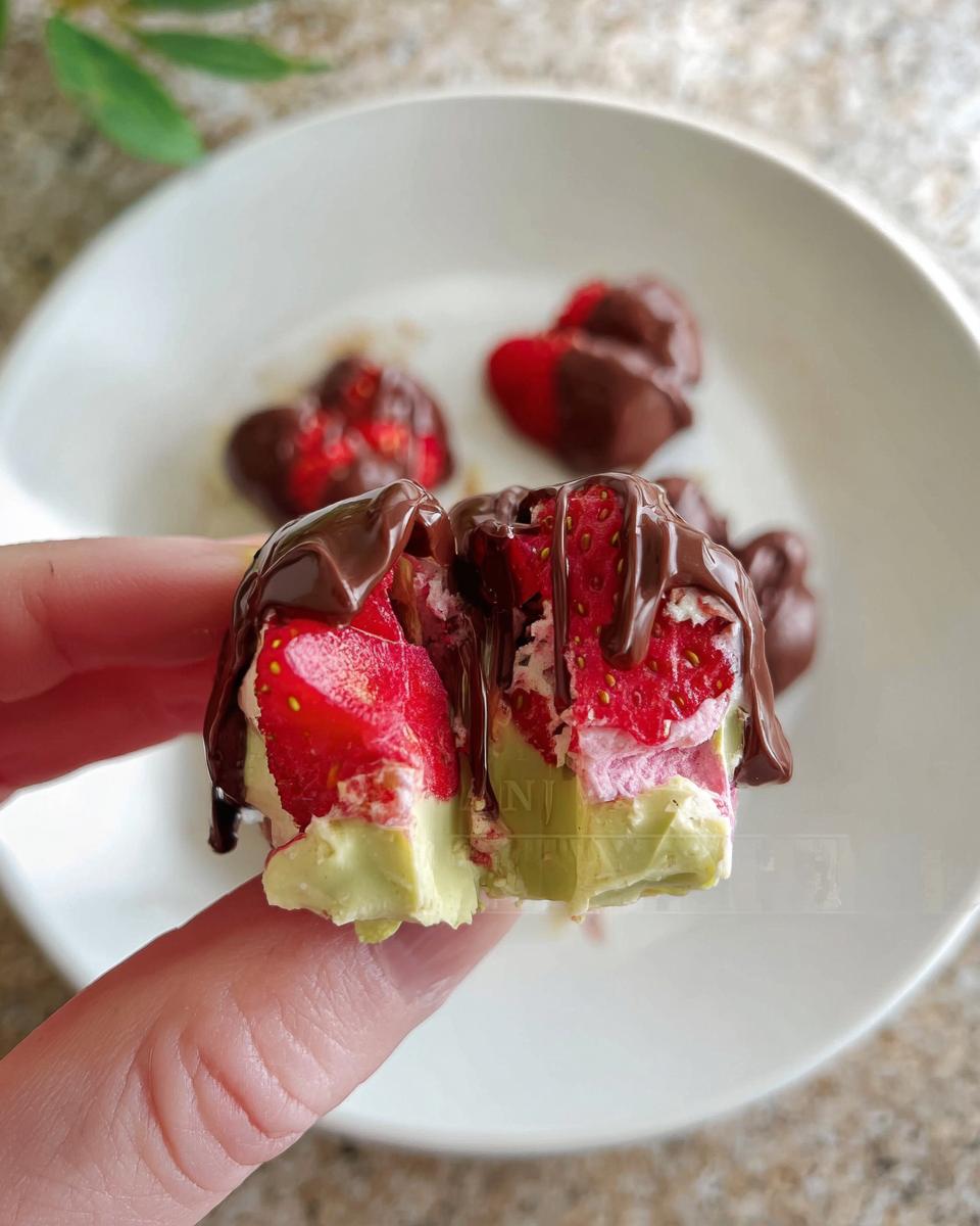 A hand holding a broken Chocolate Strawberry Yogurt Cluster, revealing layers of strawberry, yogurt, and chocolate.