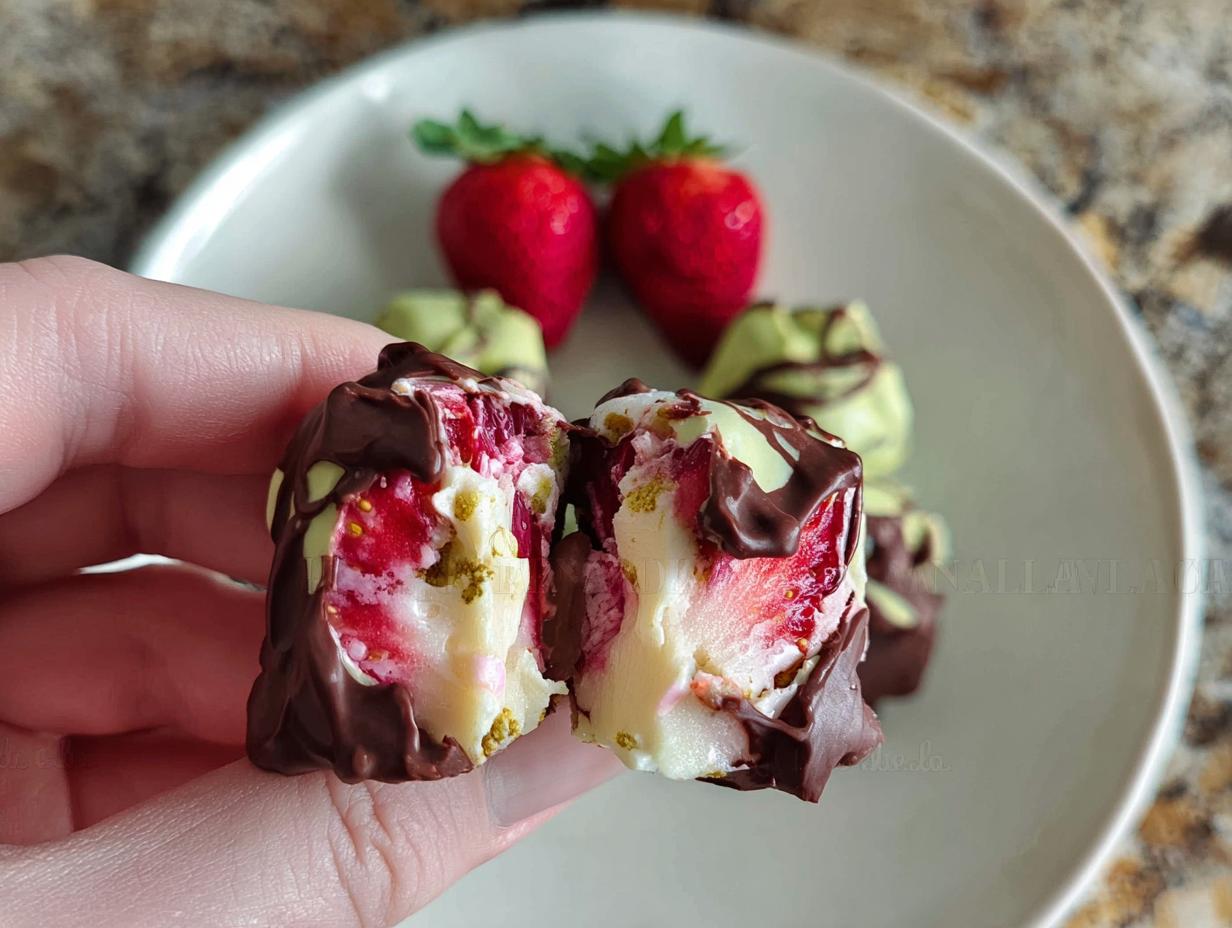 Close-up of a chocolate-covered strawberry yogurt cluster cut in half, revealing fresh strawberries and creamy yogurt.