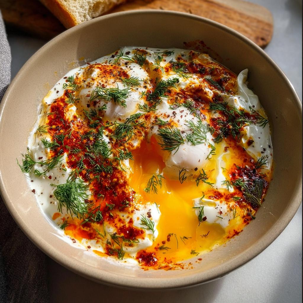 Close-up of Çılbır: Turkish eggs poached in creamy yogurt, topped with chili butter and fresh dill.