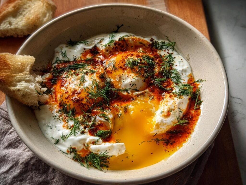 A bowl of Çılbır, Turkish eggs with creamy yogurt, drizzled with chili butter sauce and fresh dill, served with crusty bread.