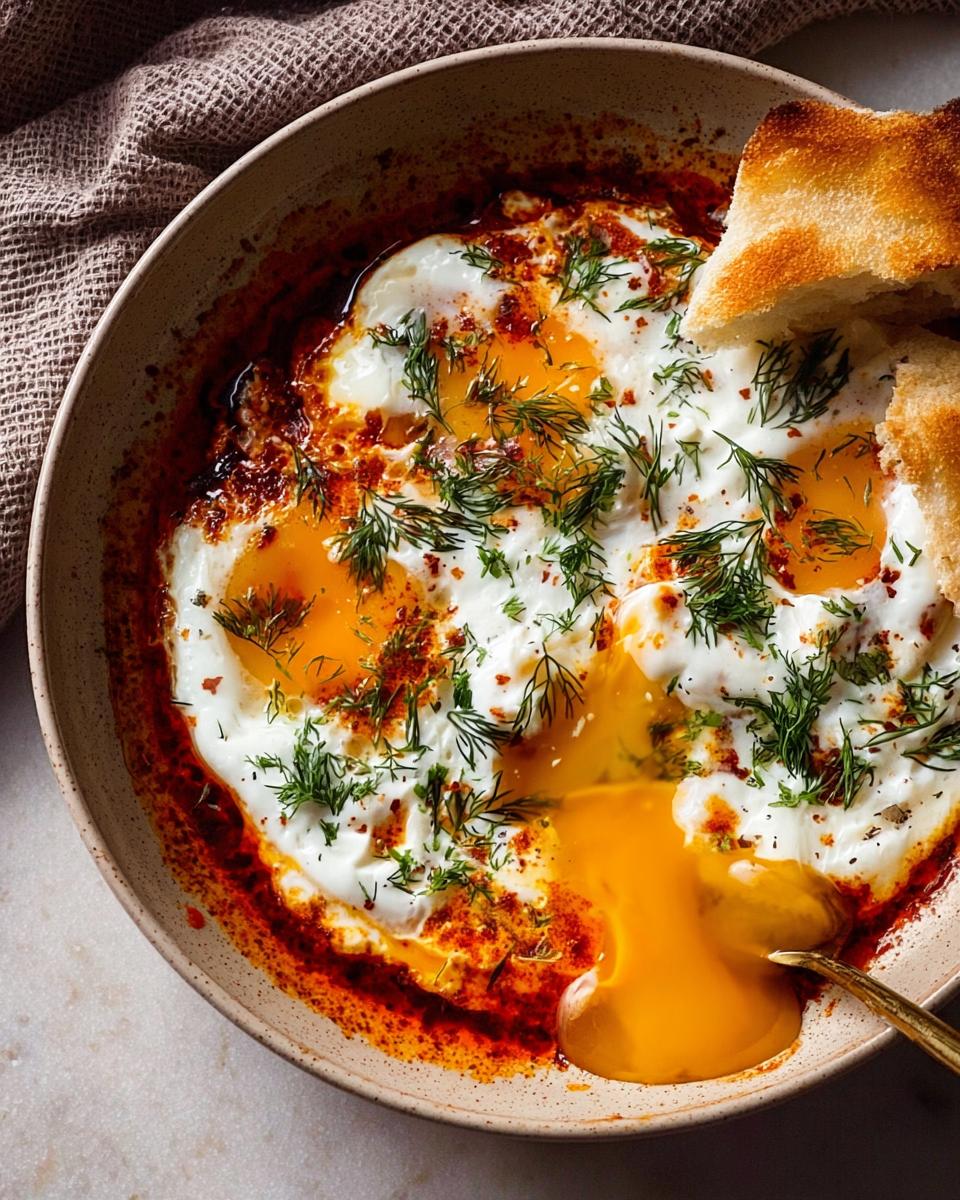 A close-up of Çılbır, featuring four perfectly poached eggs nestled in creamy yogurt, drizzled with a vibrant chili butter sauce, and garnished with fresh dill.