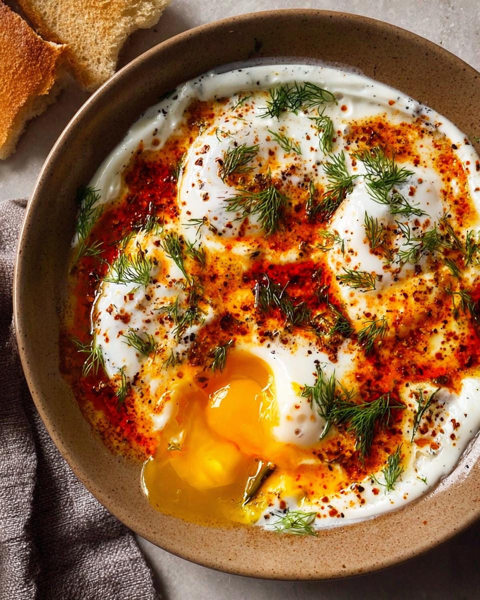 A close-up of Çılbır, Turkish eggs served in creamy yogurt with a drizzle of spiced butter sauce and fresh dill.
