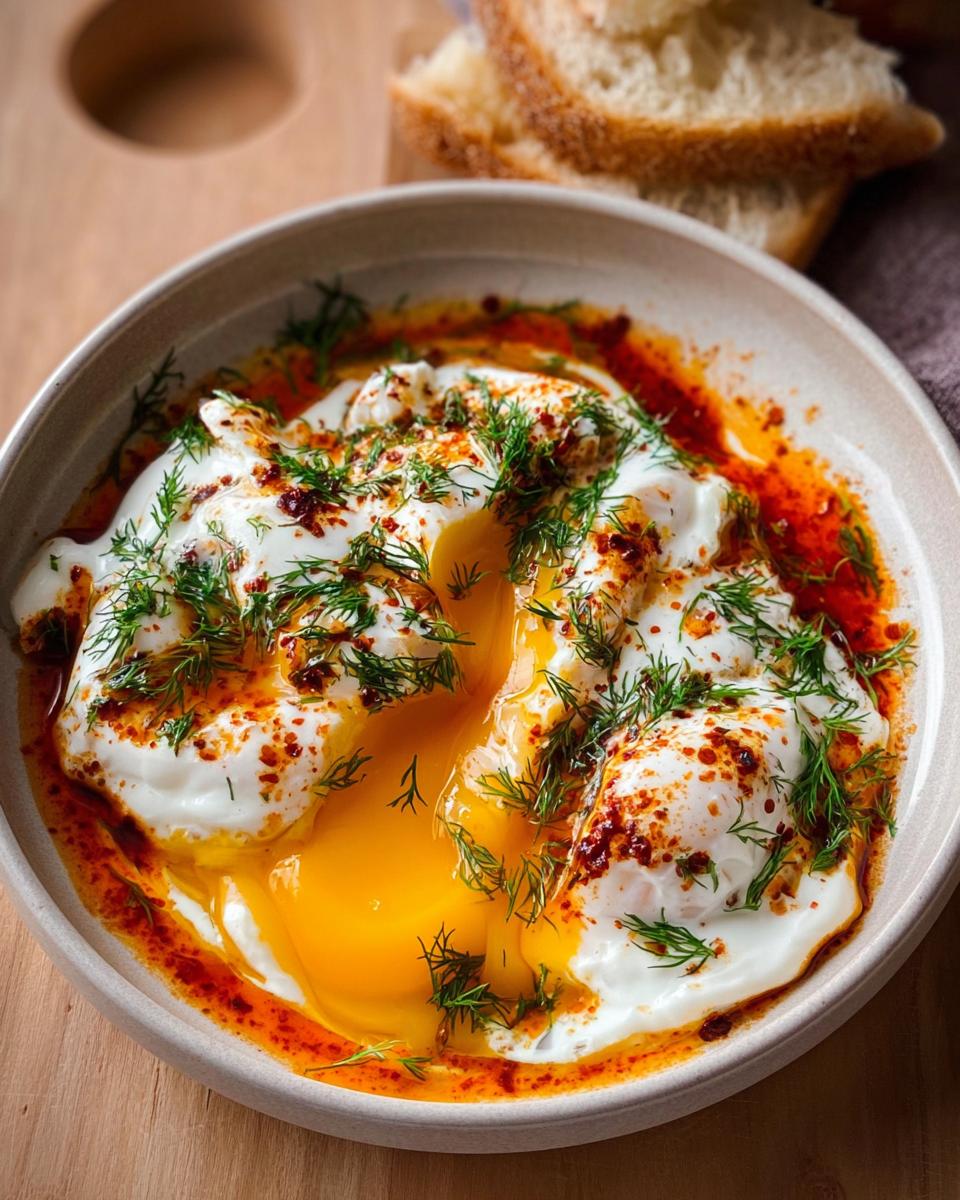 Close-up of Çılbır, featuring poached eggs nestled in creamy yogurt, drizzled with chili butter and fresh dill.