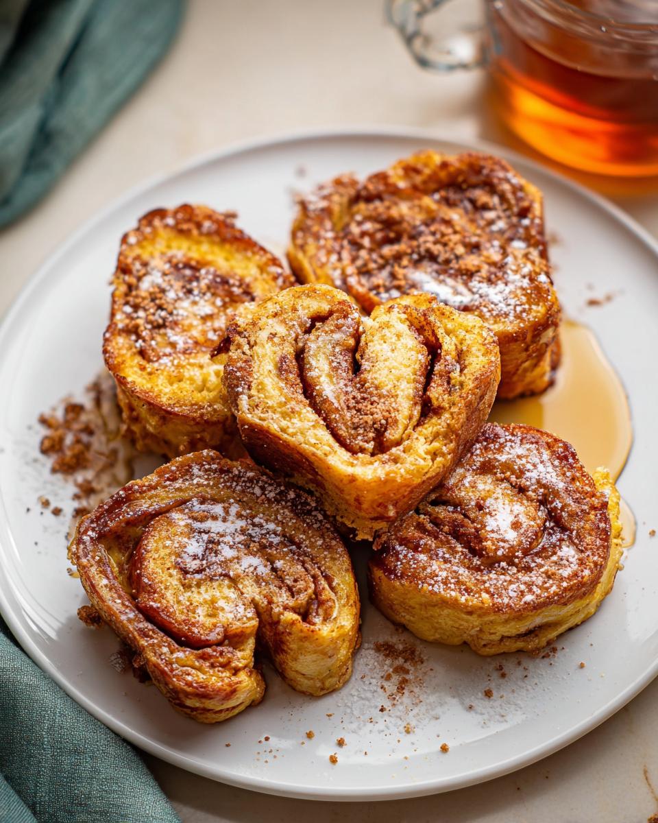 A close-up of delicious Cinnamon Roll French Toast Bites dusted with powdered sugar and cinnamon.