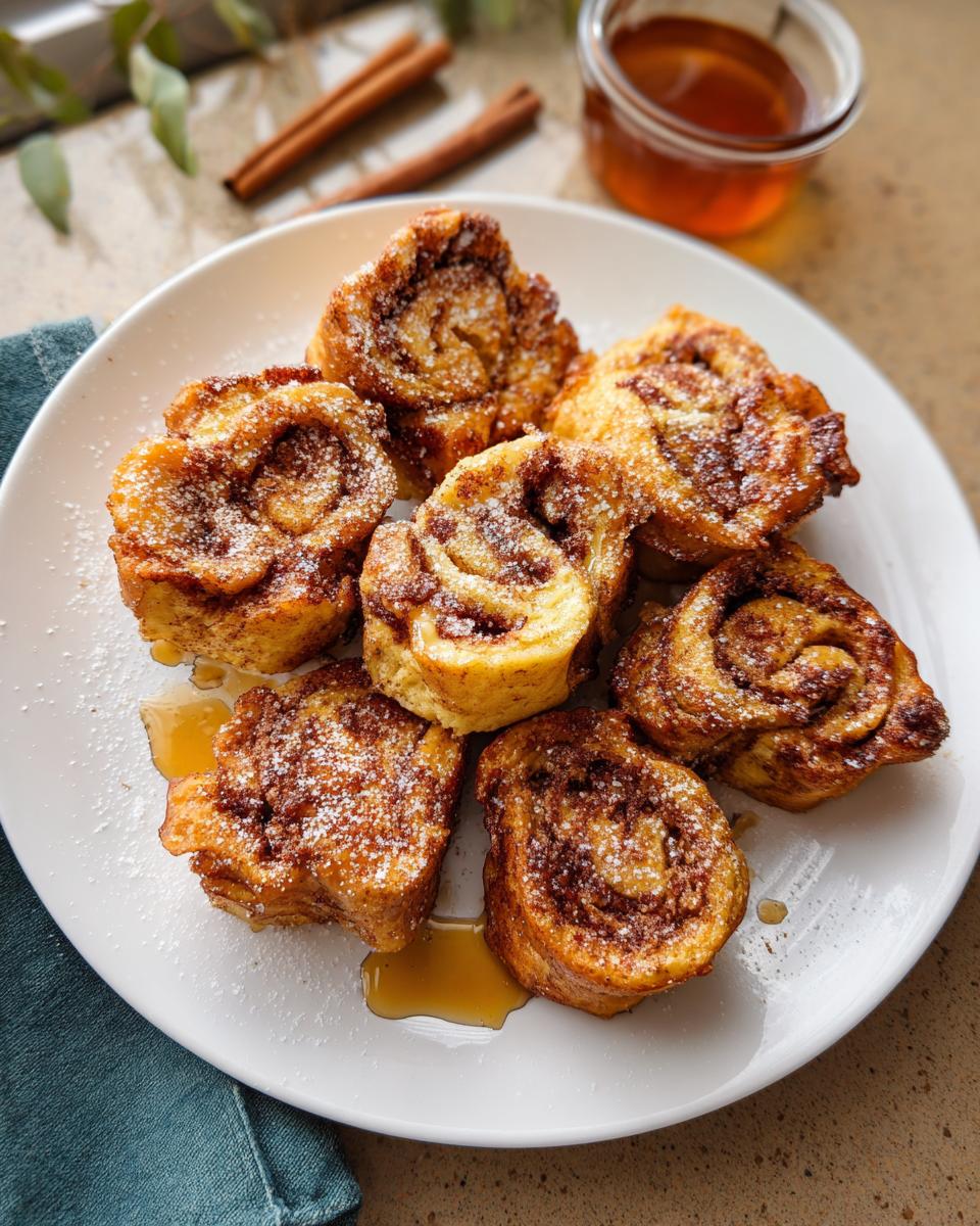 A plate of golden brown Cinnamon Roll French Toast Bites, dusted with powdered sugar and drizzled with syrup.