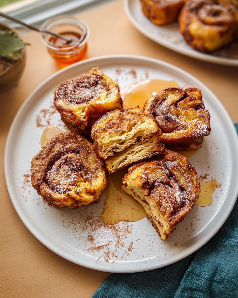 A plate of delicious Cinnamon Roll French Toast Bites drizzled with syrup and dusted with powdered sugar and cinnamon.