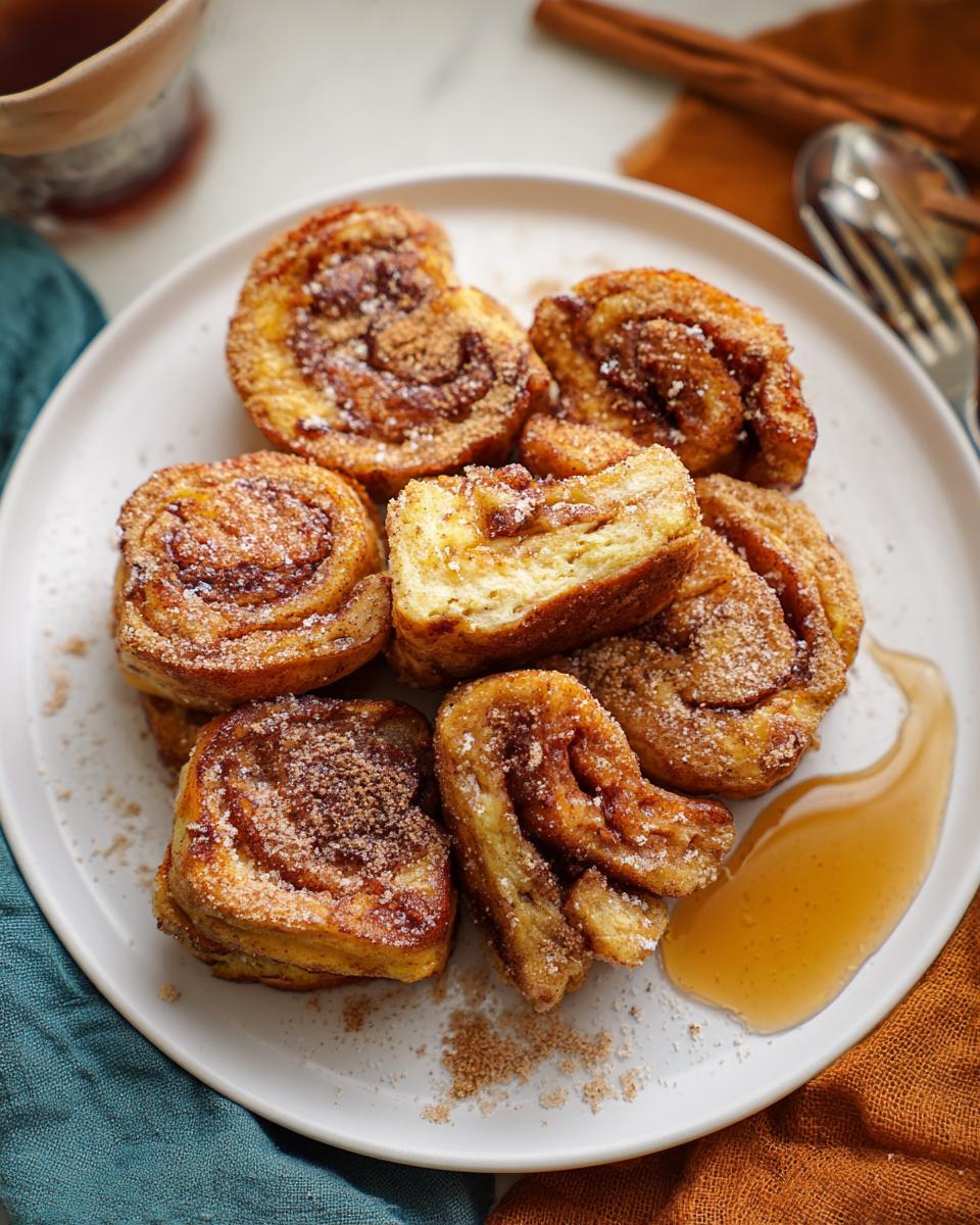 A plate filled with golden brown Cinnamon Roll French Toast Bites, dusted with cinnamon sugar, and drizzled with syrup.