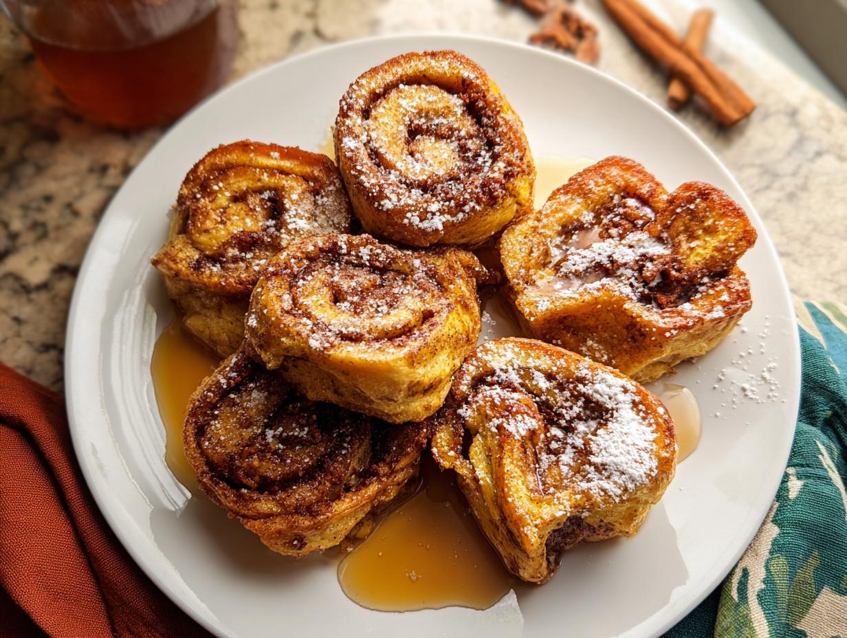 A plate of delicious Cinnamon Roll French Toast Bites dusted with powdered sugar and drizzled with syrup.