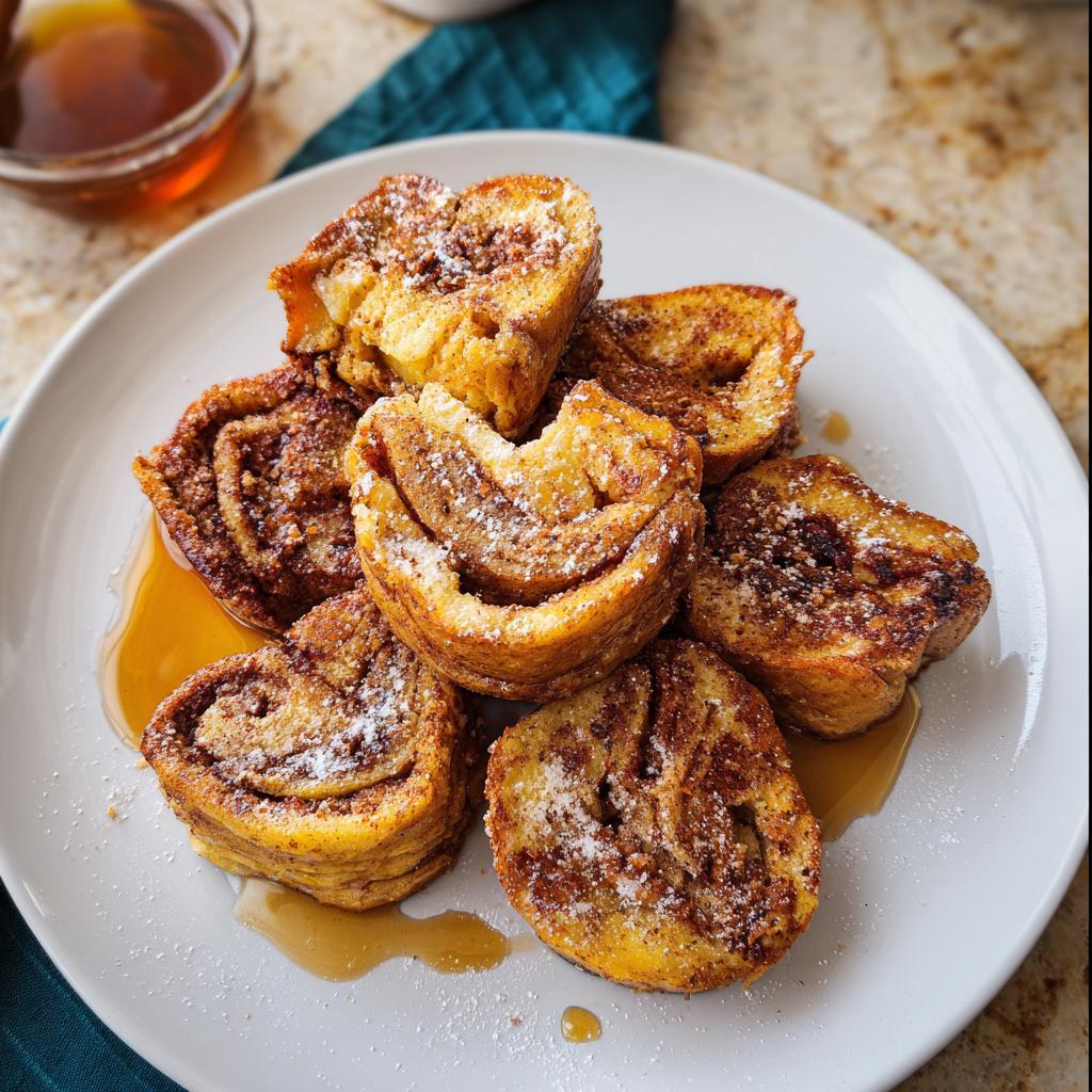 A plate piled high with delicious Cinnamon Roll French Toast Bites, drizzled with syrup and dusted with powdered sugar.