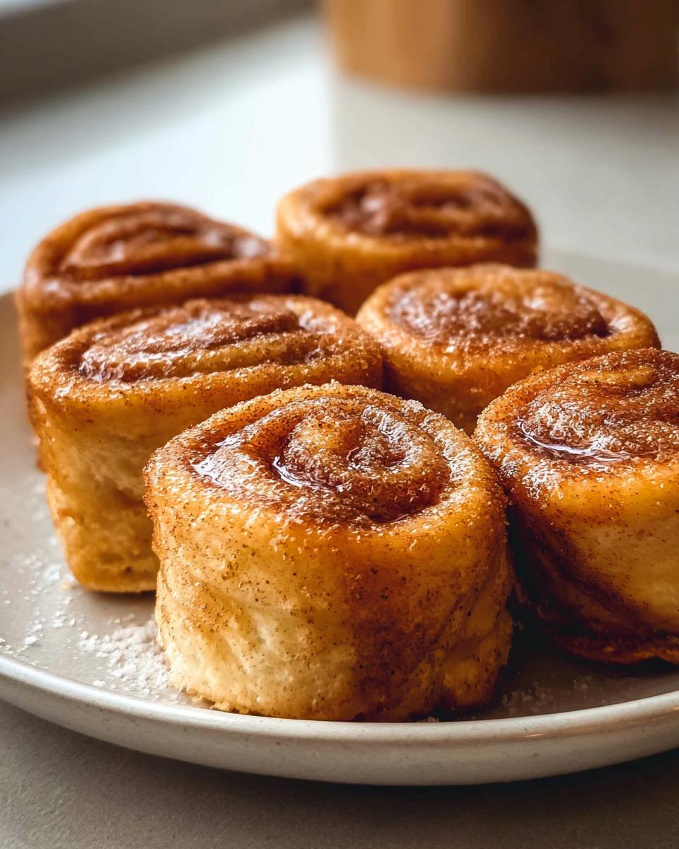 A close-up of golden brown Cinnamon Roll French Toast Roll-Ups dusted with powdered sugar on a plate.