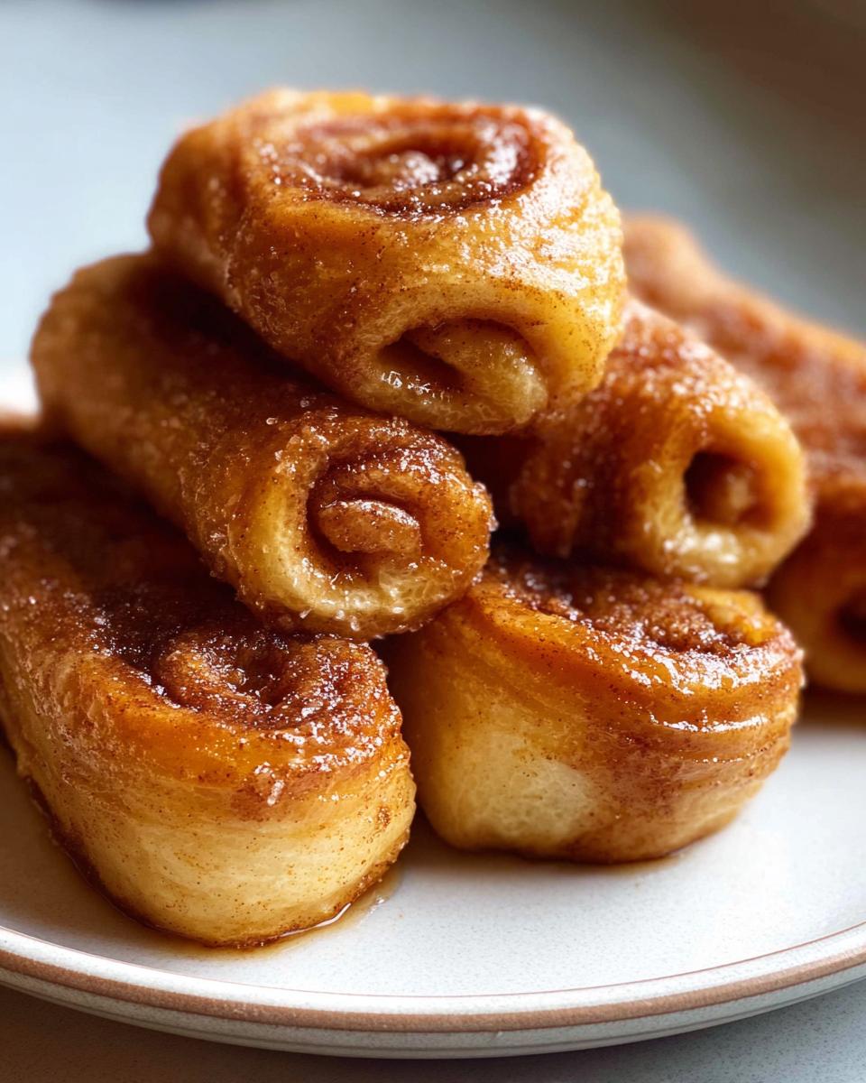 A close-up stack of golden brown Cinnamon Roll French Toast Roll-Ups, glistening with a sweet cinnamon sugar coating.