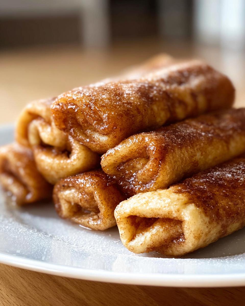 A close-up of a stack of Cinnamon Roll French Toast Roll-Ups, dusted with powdered sugar and cinnamon.