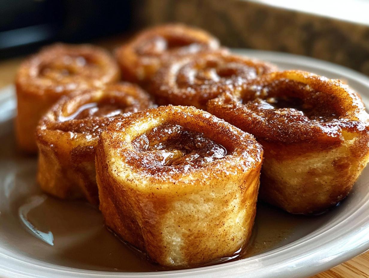 Close-up of delicious Cinnamon Roll French Toast Roll-Ups, glistening with syrup and dusted with cinnamon.