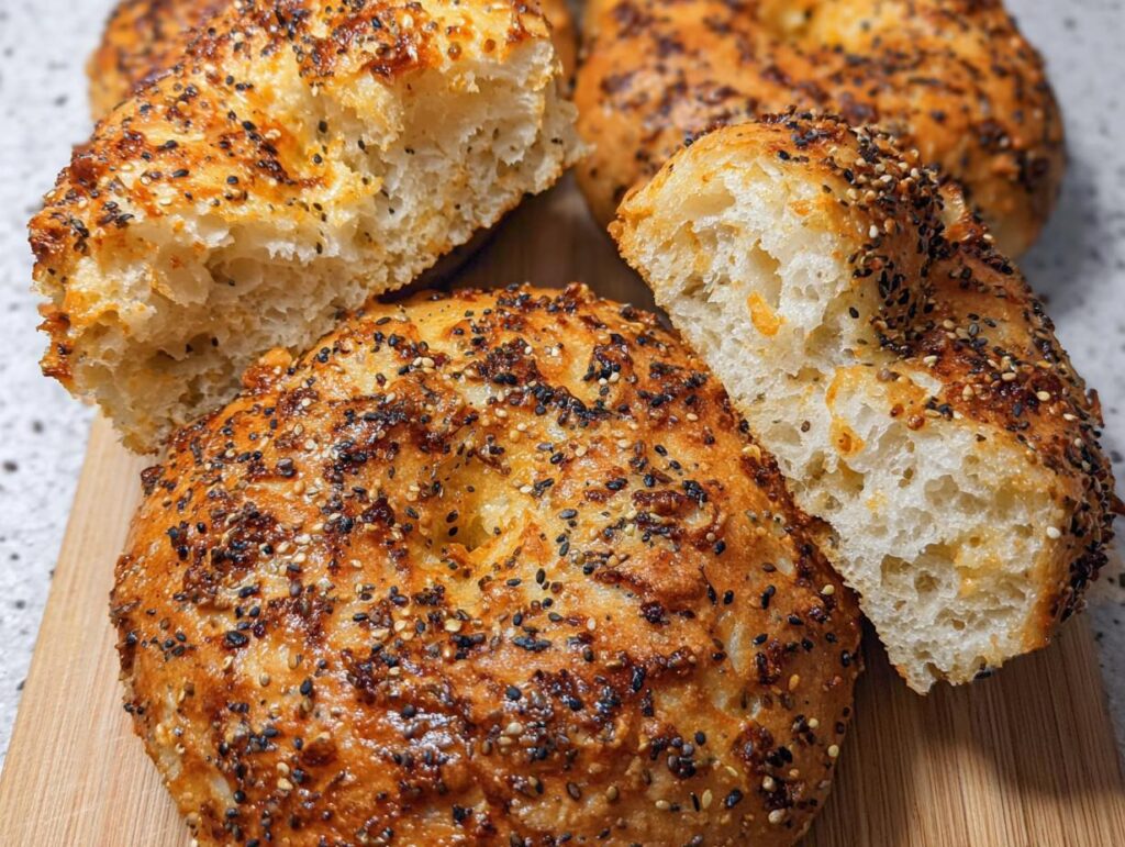 Close-up of homemade Cottage Cheese Flagels, one sliced in half, showcasing a fluffy interior and topped with everything bagel seasoning.