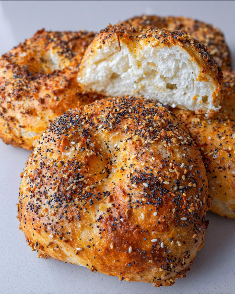 Close-up of delicious cottage cheese flagels, one sliced open, generously topped with everything bagel seasoning.