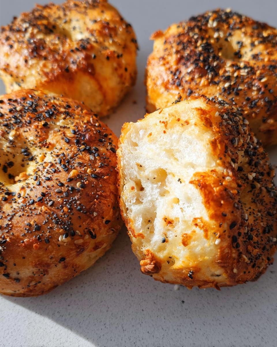 A close-up of delicious cottage cheese flagels topped with everything bagel seasoning. One flagel is broken open to show its fluffy interior.