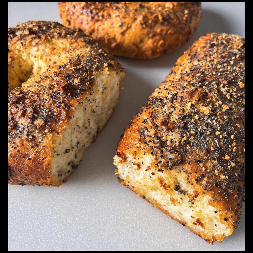 Close-up of homemade cottage cheese flagels, topped with everything seasoning, showcasing their fluffy interior.