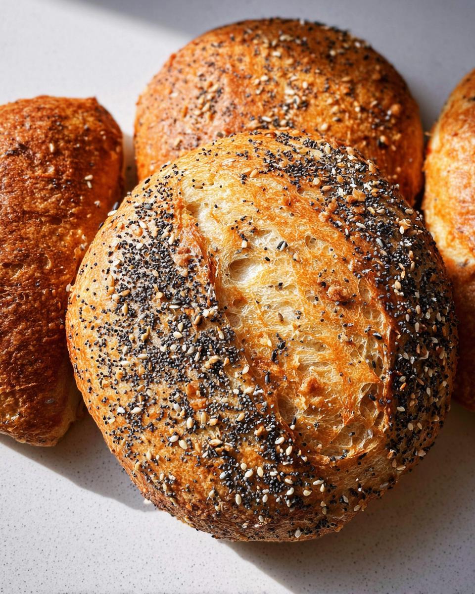 Close-up of golden-brown cottage cheese flagels topped with poppy and sesame seeds.
