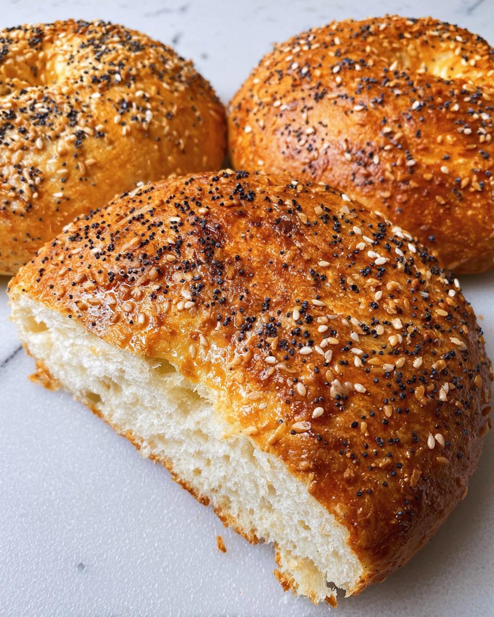 Close-up of a cut cottage cheese flagel topped with sesame and poppy seeds.