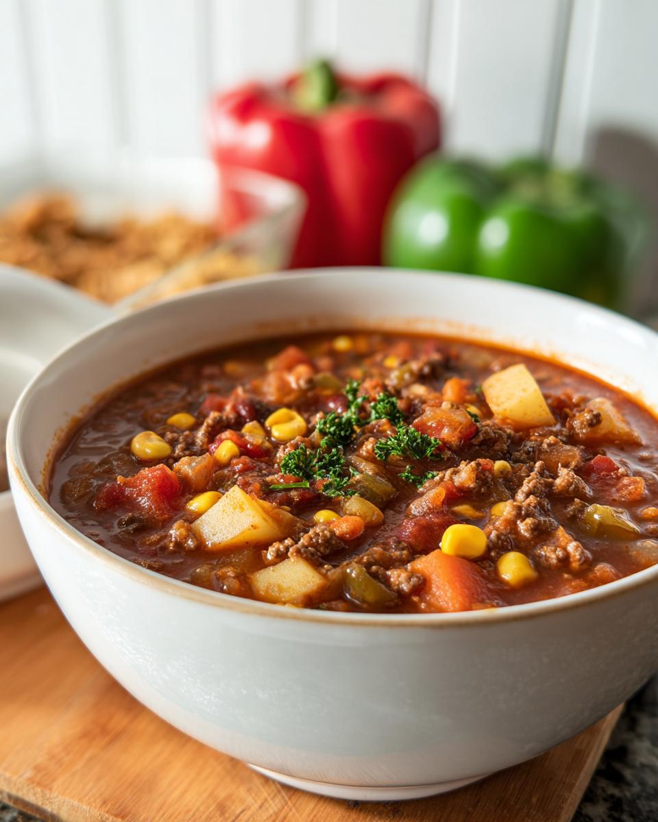 A close-up of a bowl of Cowboy Soup filled with ground beef, potatoes, corn, tomatoes, and garnished with parsley.