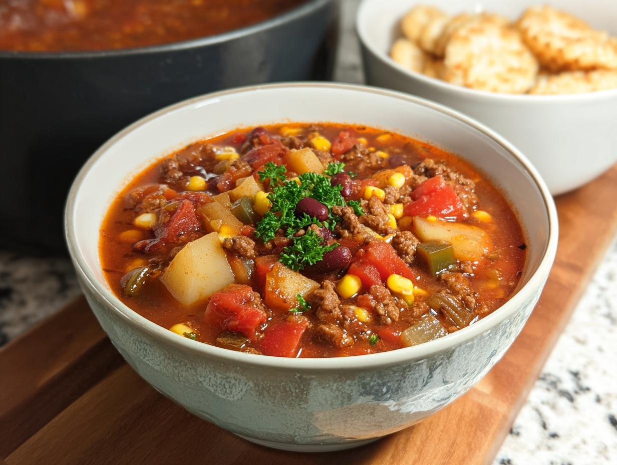 A close-up of a bowl of Cowboy Soup, featuring ground beef, potatoes, corn, beans, and tomatoes, garnished with parsley.