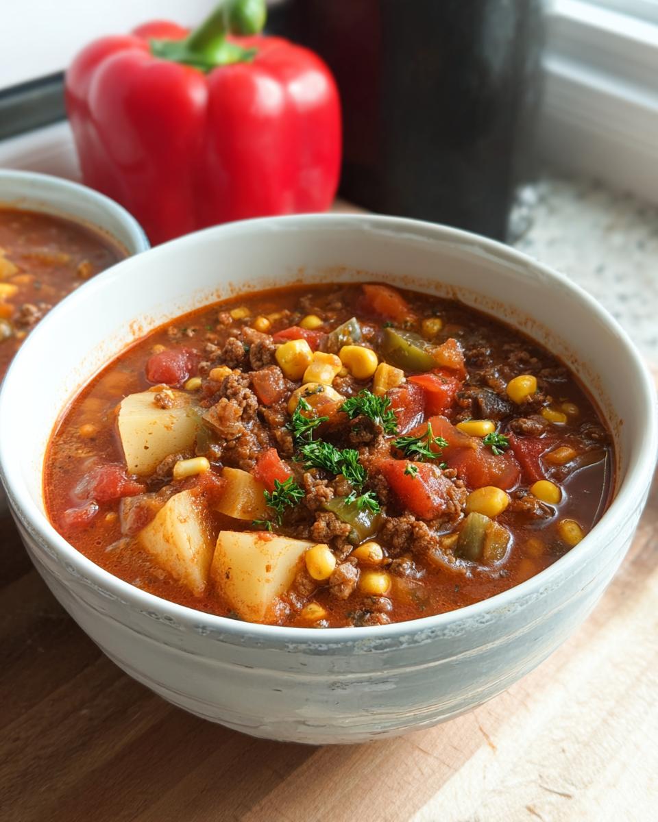 A close-up of a bowl of hearty Cowboy Soup, filled with ground beef, potatoes, corn, tomatoes, and herbs.