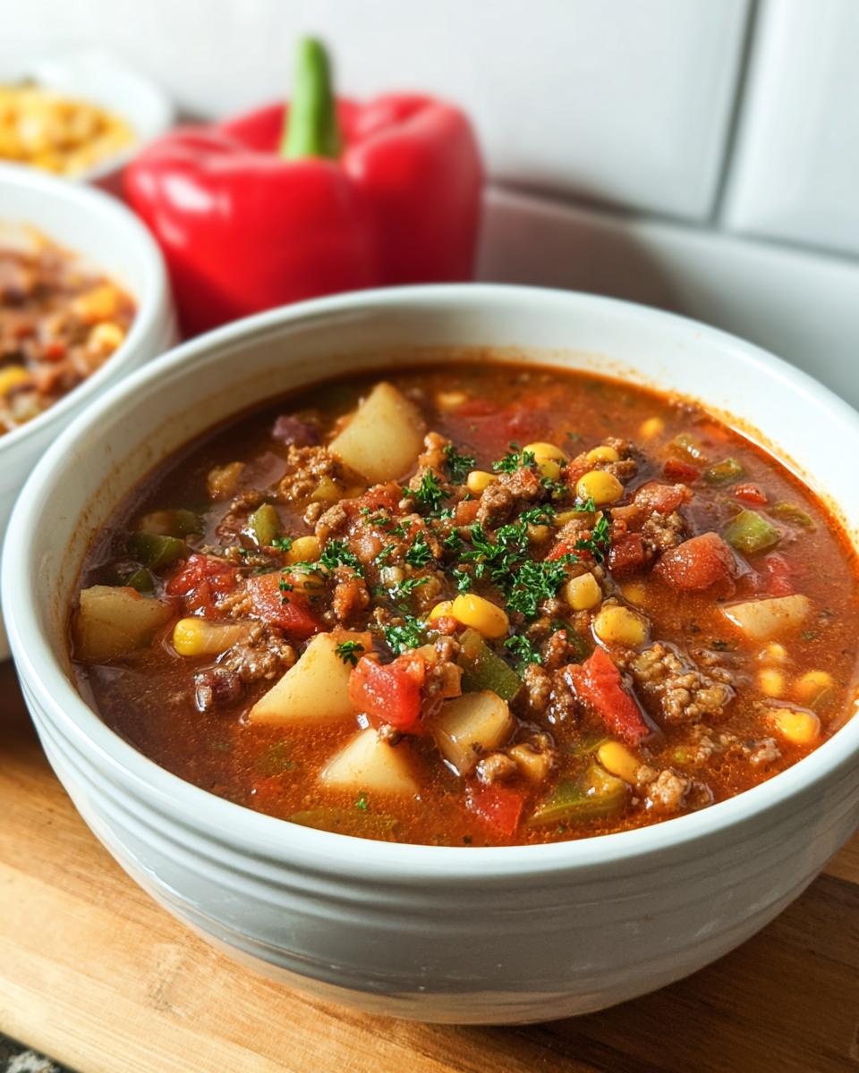 A close-up of a bowl of Cowboy Soup, featuring ground beef, potatoes, corn, tomatoes, and green peppers, garnished with parsley.