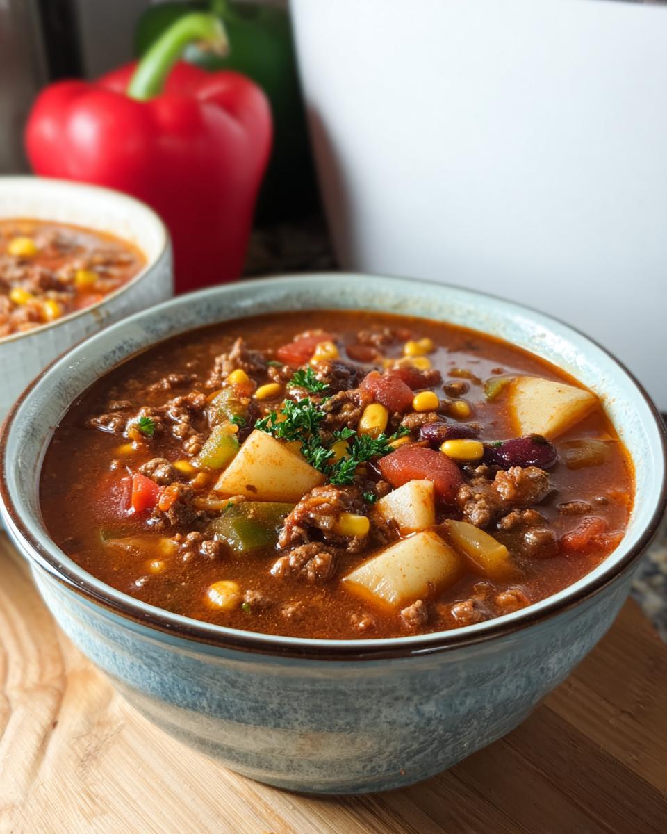 A close-up of a bowl of hearty Cowboy Soup, filled with ground beef, potatoes, corn, beans, and tomatoes, garnished with parsley.