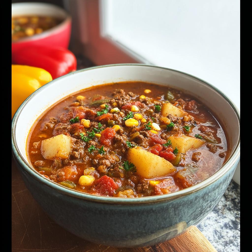 A close-up of a bowl of hearty Cowboy Soup, filled with ground beef, potatoes, corn, and tomatoes, garnished with parsley.