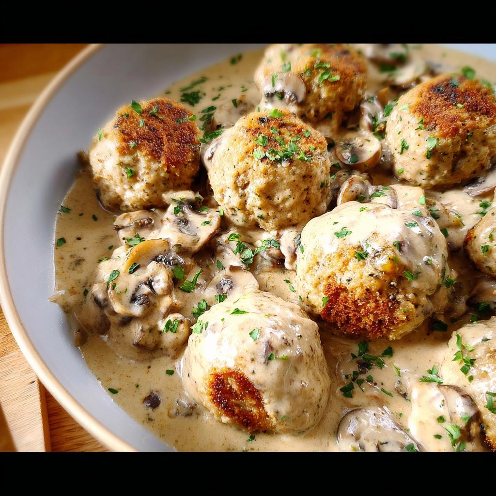 A close-up of delicious Creamy Mushroom Chicken Meatballs in a rich mushroom sauce, garnished with fresh parsley.