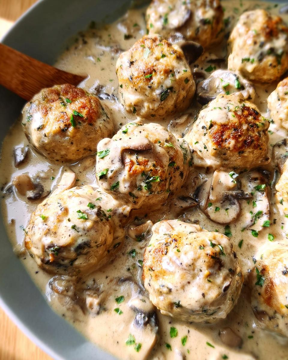 Close-up of delicious Creamy Mushroom Chicken Meatballs simmering in a rich, creamy mushroom sauce, garnished with parsley.
