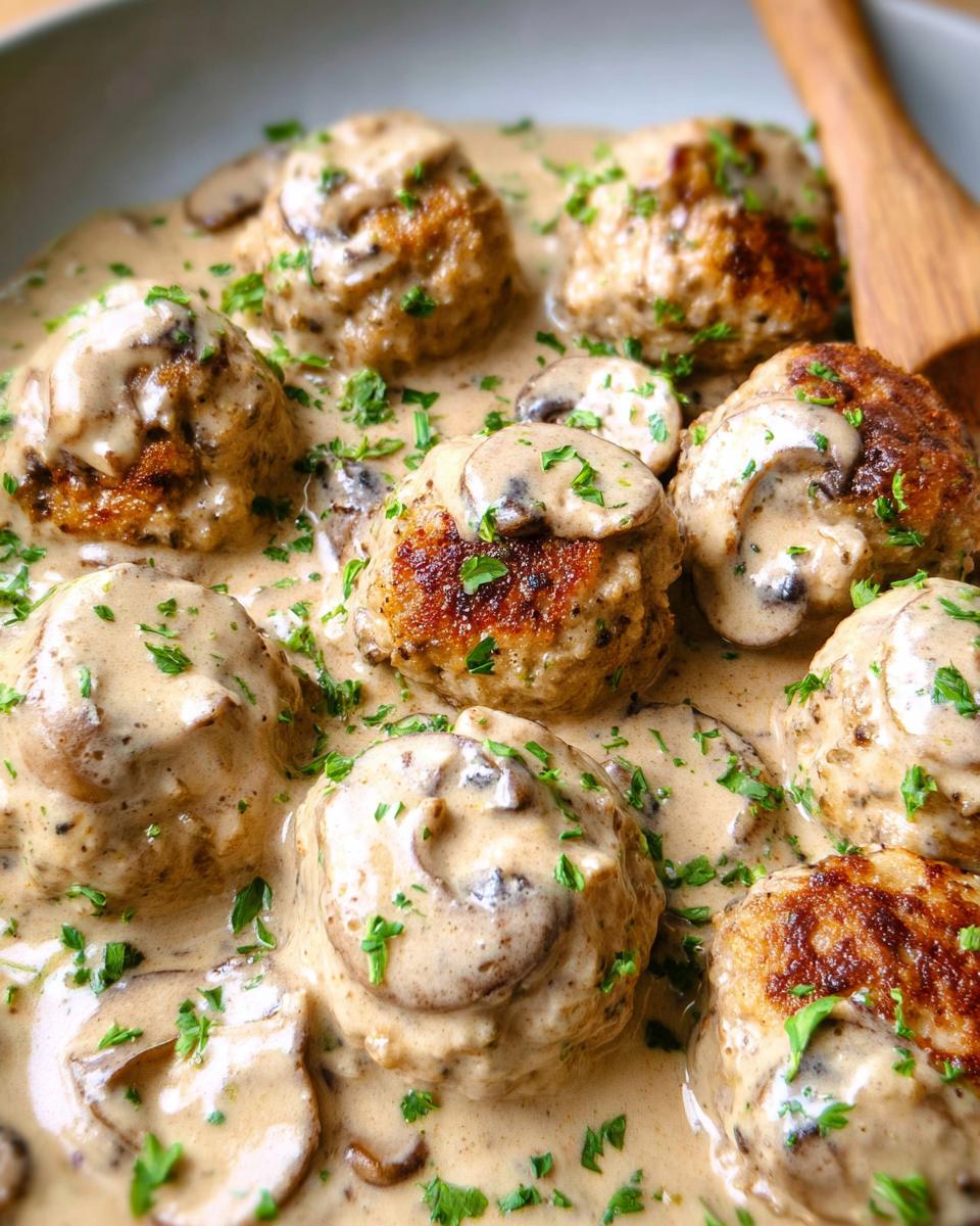 Close-up of delicious Creamy Mushroom Chicken Meatballs bathed in a rich, creamy sauce with sliced mushrooms and parsley.