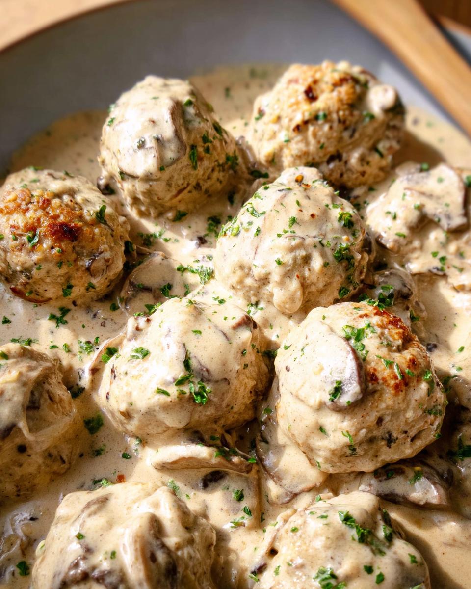 Close-up of delicious Creamy Mushroom Chicken Meatballs coated in a rich, creamy sauce with sliced mushrooms and parsley.