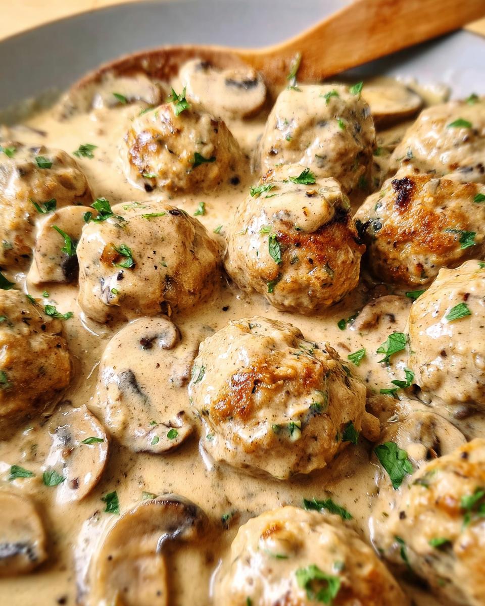 Close-up of Creamy Mushroom Chicken Meatballs nestled in a rich, creamy mushroom sauce, garnished with parsley.