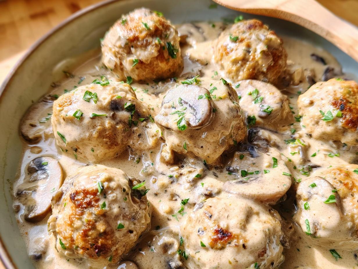 Close-up of delicious Creamy Mushroom Chicken Meatballs bathed in a rich, creamy mushroom sauce, garnished with parsley.