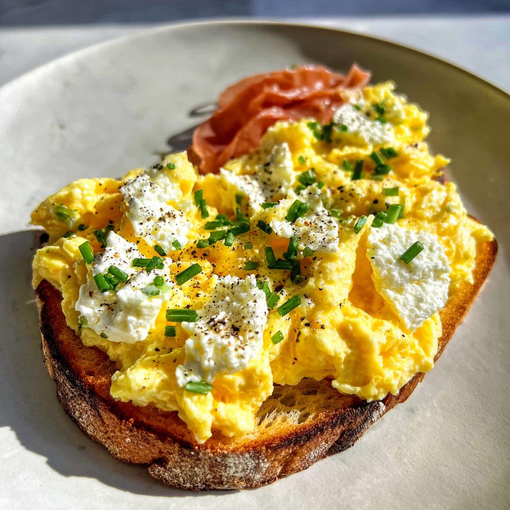 A slice of toasted bread topped with creamy scrambled eggs, dollops of ricotta cheese, and fresh chives. Creamy Ricotta Egg Toast.