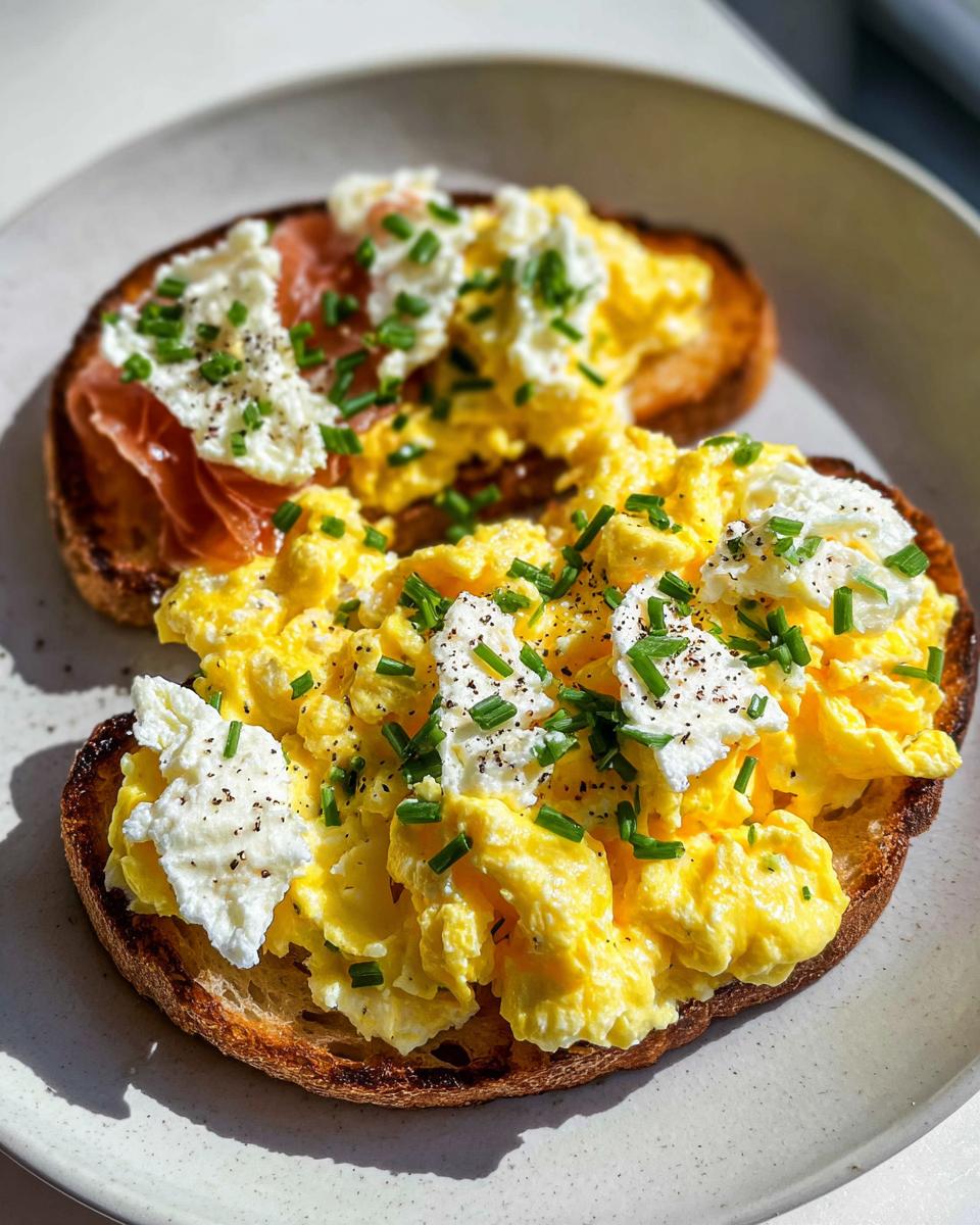 Two slices of Creamy Ricotta Egg Toast topped with fluffy scrambled eggs, dollops of ricotta, and fresh chives.